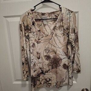 Chico's‎ Large Beige Brown Cream Floral Pattern 3/4 Sleeve Versatile Casual Top